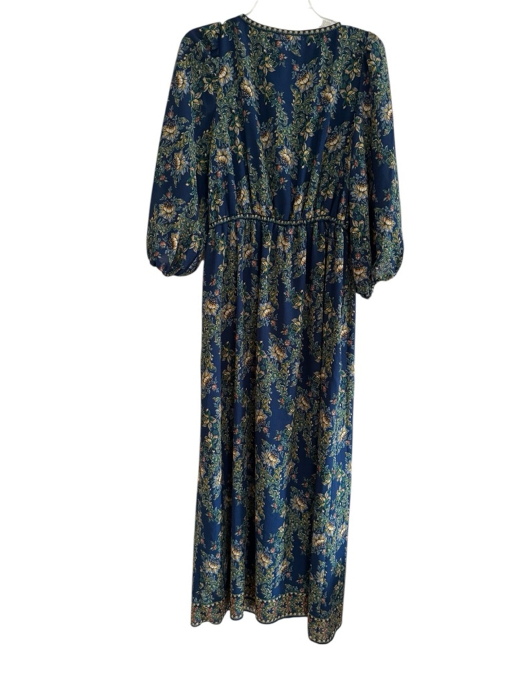 Max Studio Navy Boho Floral V-Neck Maxi Dress Empire Waist Balloon Sleeve M NWT - Picture 4 of 11